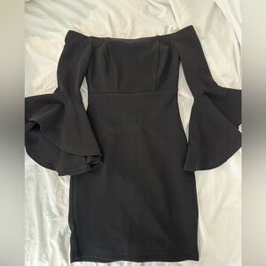 Off-the-Shoulder Black Long-Sleeve Dress with Dramatic Bell Sleeves